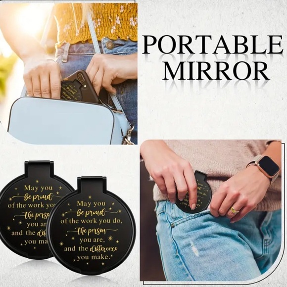 Black and Gold Pocket Mirror with Inspirational Saying - Picture 1 of 4